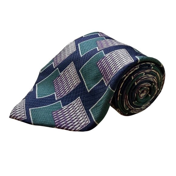 Tiemakers Mens Navy & Green Silk Geometric Pattern Necktie Handcrafted USA - Picture 1 of 8